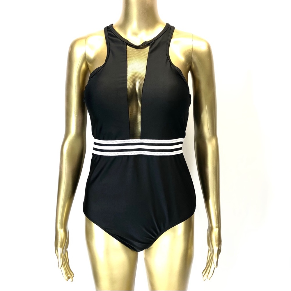 SHEIN Black One Piece Swimsuit L High Neck Racerback White Trim Sporty Swimwear